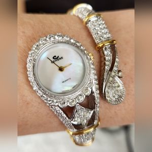 Vtg Cenere Japan Movt Watch. Silver & Gold Tone Quartz Rhinestone Cuff.